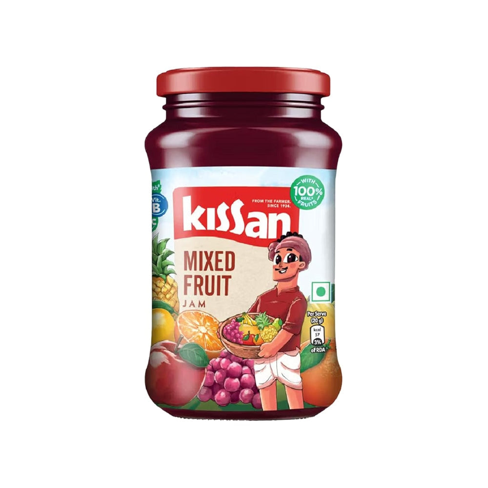 Kissan mixed fruit preserve jar on a white background