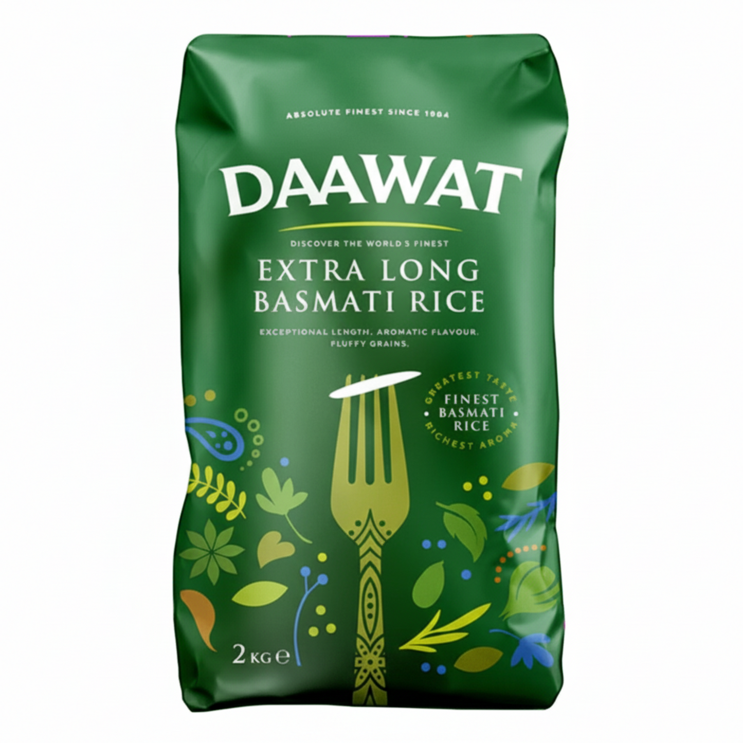 Green bag of DAAWAT Extra Long Basmati Rice with decorative elements on a white background