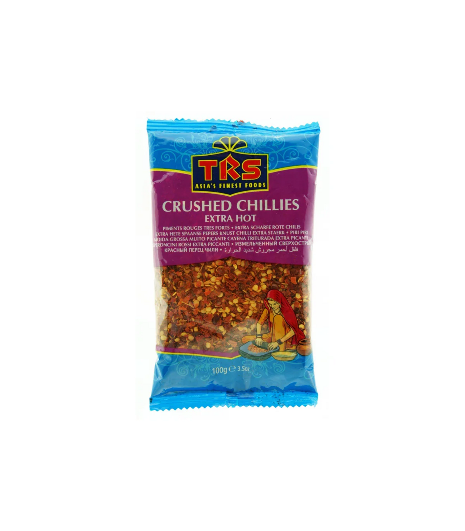 Pack of TRS crushed chillies on a white background