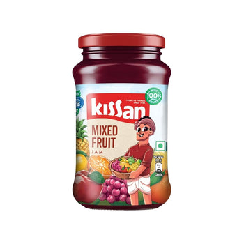 Kissan mixed fruit preserve jar on a white background