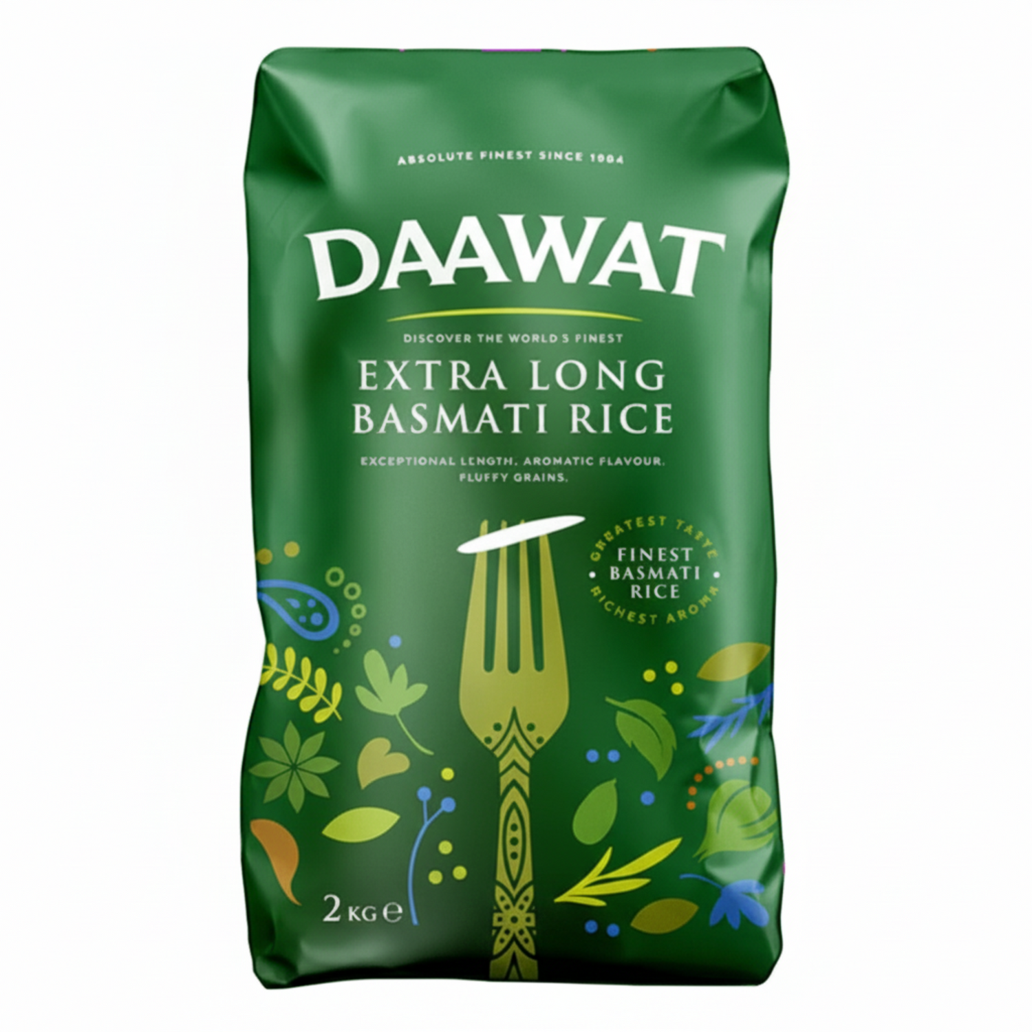 Green bag of DAAWAT Extra Long Basmati Rice with decorative elements on a white background