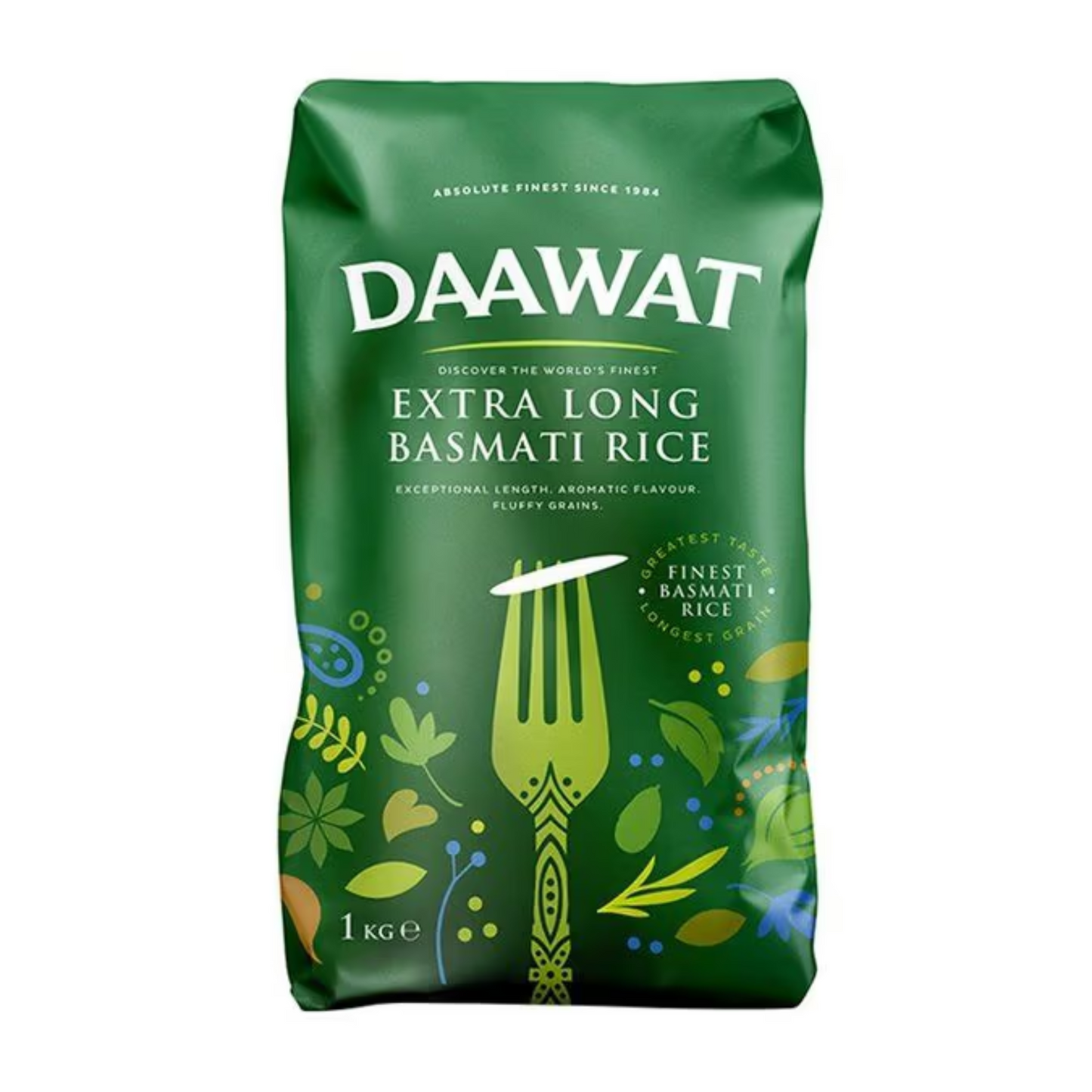 Green bag of Daawat Extra Long Basmati Rice on a white background