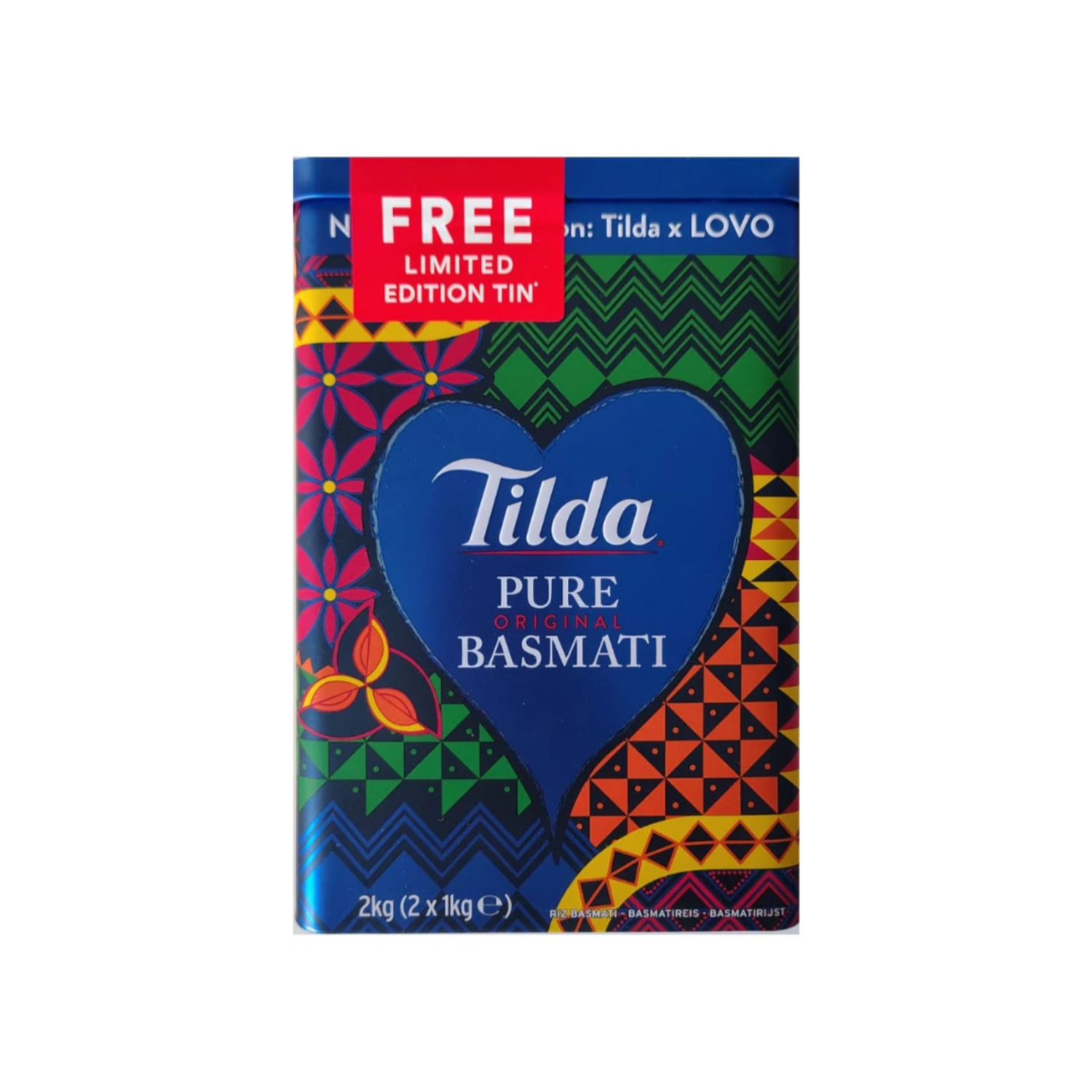 Tilda Pure Basmati rice packaging with colorful design and free limited edition tin offer.